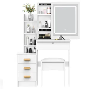 Vanity Desk with Sliding Mirror and Lights, 4 Drawers, Open Shelves, Hidden Storage, 3 Color Lights, Easy Assembly, 31.5" x 14.6" x 52"