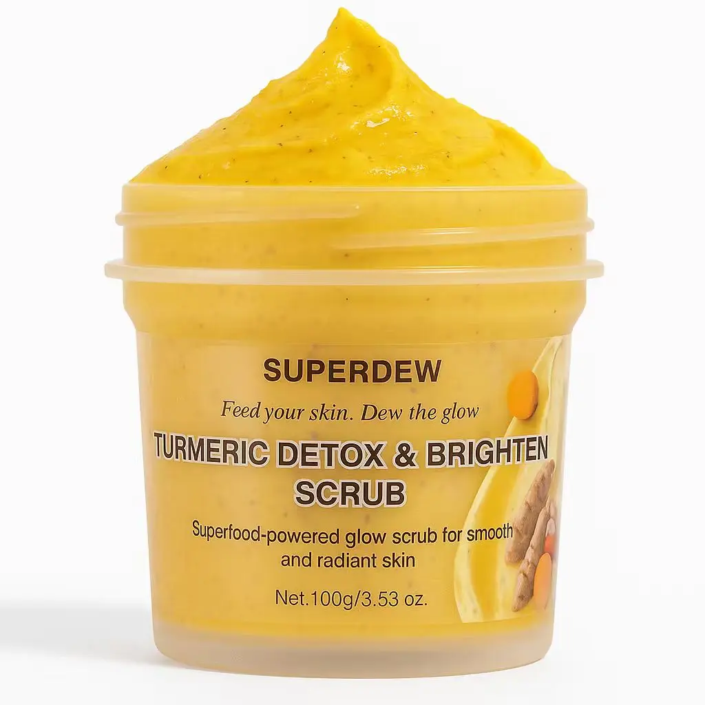 SuperDew Turmeric Face & Body Scrub - Brighten Exfoliator for Dark Spots, Dark Elbows, Acne Scars, Bumpy Skin | Naural Scrub with Turmeric, Coconut Oil, Shea Butter