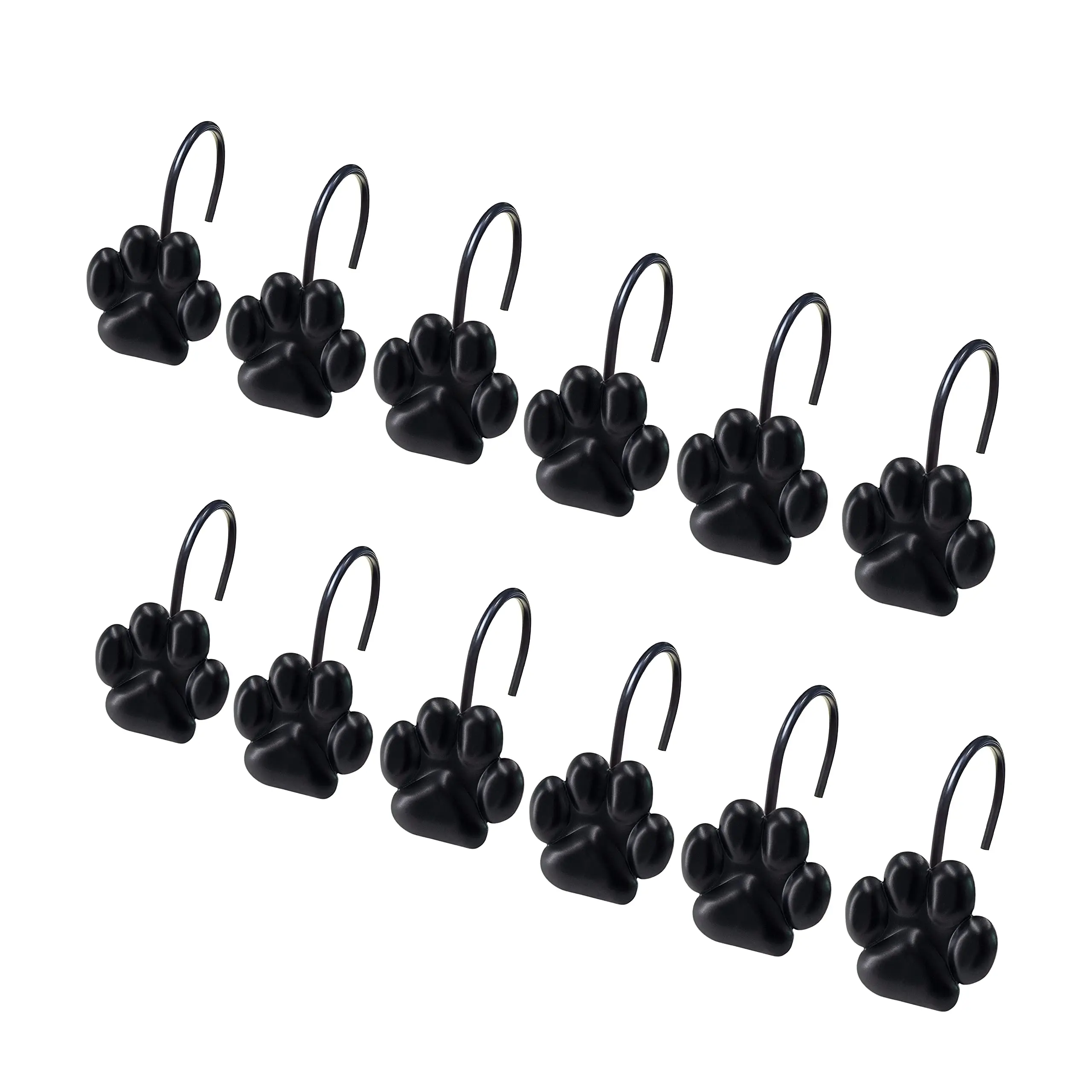 12 Pack Fashion Design Cute Paw Print Polished Shower Curtain Hooks for Dog Cat and Bear, Rust Proof Oil Metal Shower Curtain Rings, Black