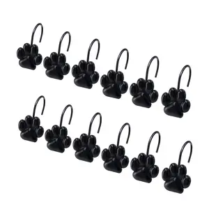 12 Pack Fashion Design Cute Paw Print Polished Shower Curtain Hooks for Dog Cat and Bear, Rust Proof Oil Metal Shower Curtain Rings, Black