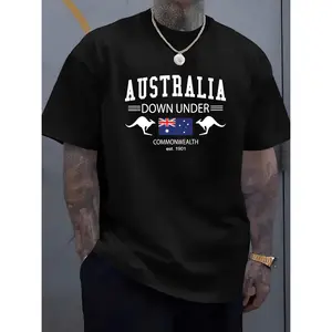 Men's Australia-Themed T-Shirt - Australian Flag & Kangaroo Print with Map Outline, Casual Short Sleeve Round Neck Tee for Summer, Culture Apparel (Commonwealth of Australia Lettering) - Ideal Gift for Fans