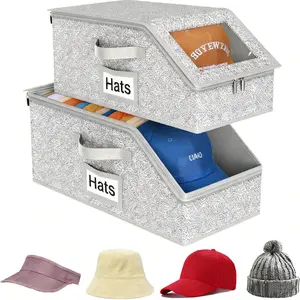 2pcs Stackable Hat Storage Box for Baseball Caps, Holds Up to 24 Hats, Foldable Cardboard Organizer with ClearWindow, Dust-Proof & Space-Saving Display, VersatileStorage for Hats, Toys, Socks, Closet Organizer for Men &Women, Grey