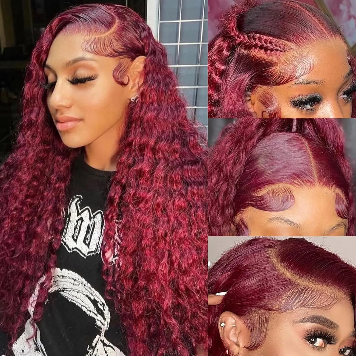 99j Deep Wave Lace Front Wigs Human Hair Pre Plucked Burgundy 13x6 Curly HD Transparent Lace Frontal Wigs for Women 180% Density Glueless Wig Wine Red Color