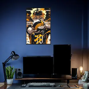 Haikyuu Shoyo Hinata Poster, Intense Front Pose with Volleyball, Orange-Black Karasuno Jersey, Golden Paint Splashes and Dynamic Motion Lines, on High Quality Cardboard Sharp Pattern Poster for Anime Enthusiasts Home or Office Decor Gift for Haikyuu Fans