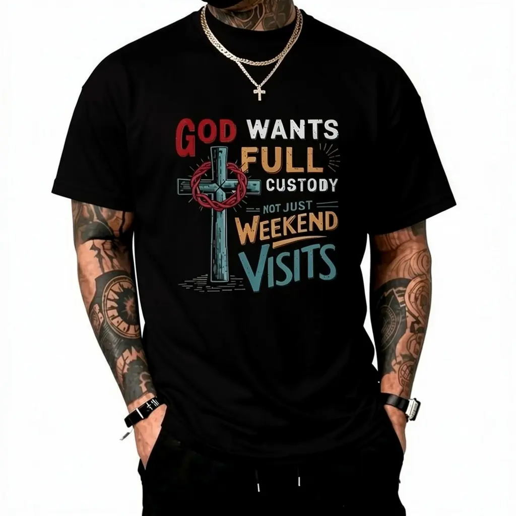 [100% cotton]Men's Christian Faith T-Shirt "God Wants Full Custody Not Just Weekend Visits" - Religious Saying with Cross & Bible Verse Design, Casual Crew Neck Short Sleeve, Black with Red/Teal Lettering