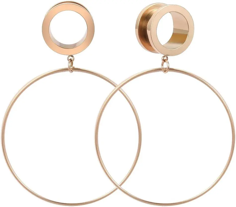 ZS Ear Tunnels Large Hoop Ear Plugs Rose Gold Ear Gauges 316L Stainless Steel Expander Dangle Gauges 6g-3/4 IN