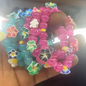 Rainbow Beaded Flower Bracelets with Elastic Bands