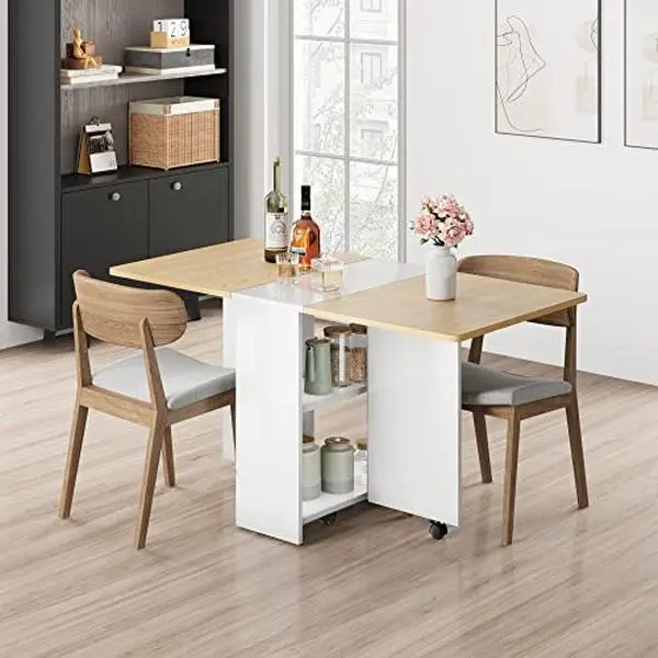 GARVEE Folding Drop Leaf Dining Table with 6 Wheels & 2-Tier Storage Shelf, Space Saving Kitchen Table for Small Spaces, Studio Apartments, and Dorm Rooms