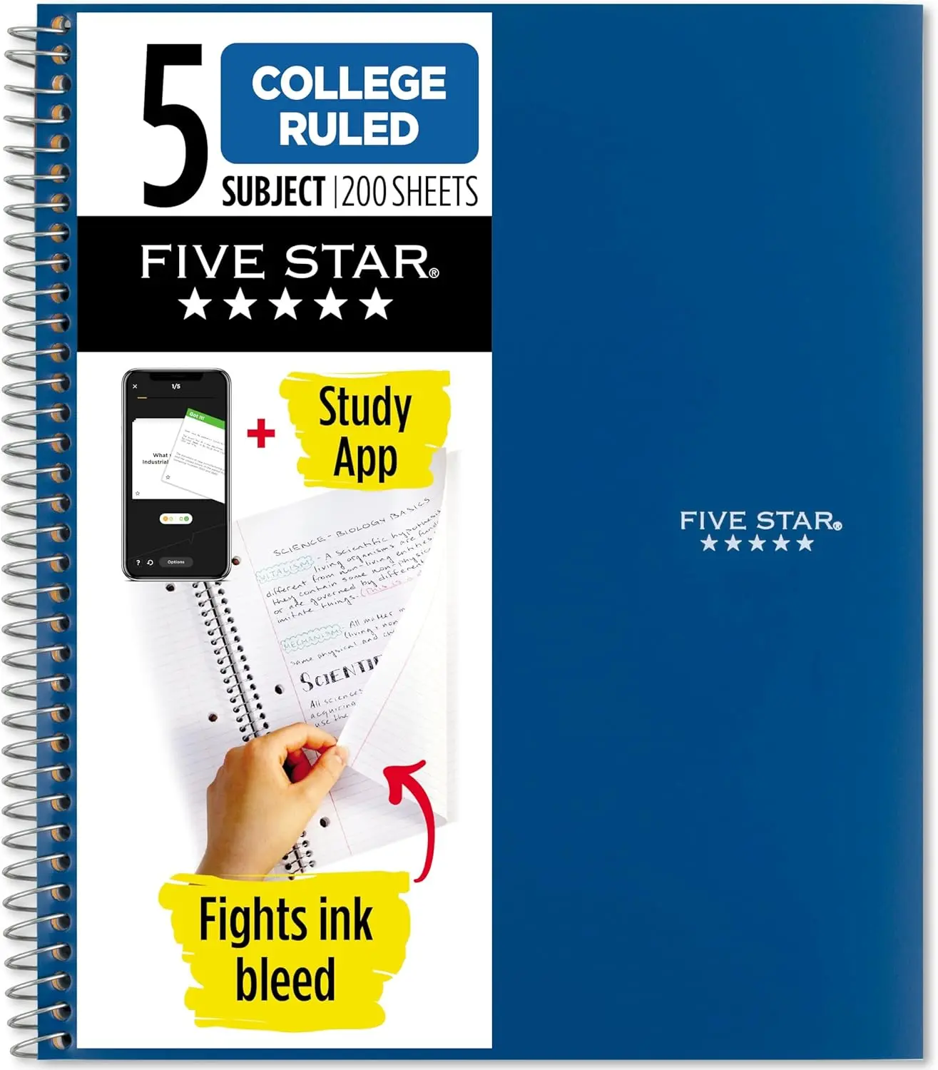 Five Star Spiral Notebook + Study App, 5 Subject, College Ruled Paper, 8-1/2" X 11", 200 Sheets, Fights Ink Bleed, Water Resistant Cover, Pacific Blue (73635) ACCO Brands