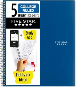 Five Star Spiral Notebook + Study App, 5 Subject, College Ruled Paper, 8-1/2" X 11", 200 Sheets, Fights Ink Bleed, Water Resistant Cover, Pacific Blue (73635) ACCO Brands