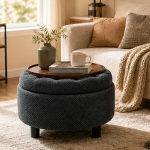 25-Inch Round Storage Ottoman with Removable Wooden Tray - Modern Tufted Polyester Fabric Coffee/Side Table, Upholstered Footrest for Living Room Reading Nook, Hidden Storage, Multiple Color Options (Fabric/Wood Materials)