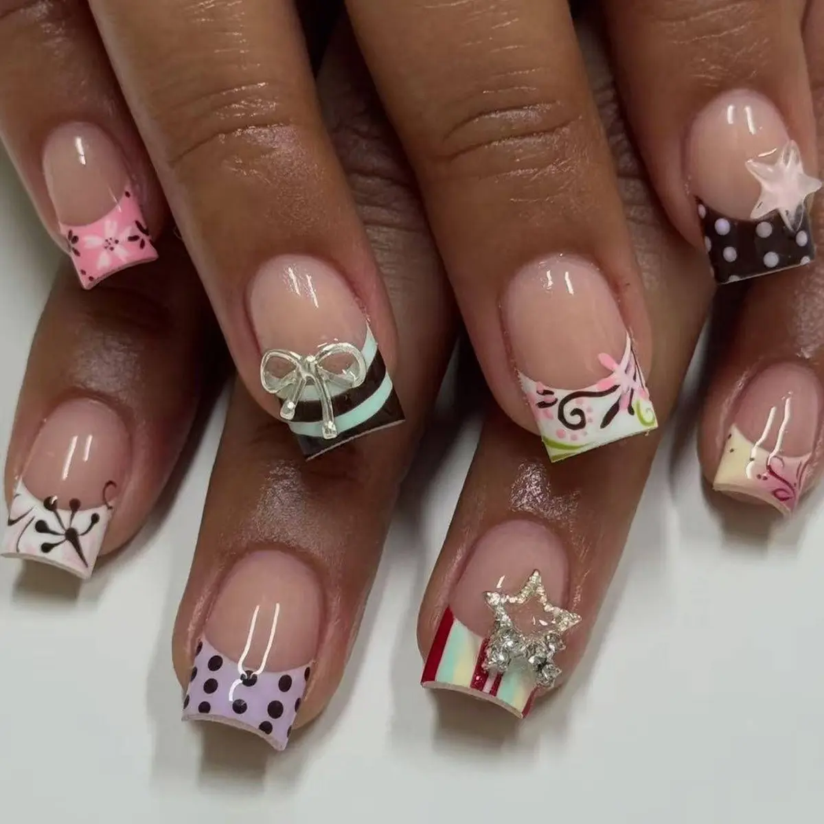 Ladies' Fashionable Wearable Nails, Nail Design, Five Pointed Star Bow Pattern, Detachable Fake Nails, Fake Nails Extensions, DIY Nail Extension Kit, Home Nail Art Set, False Nail Set