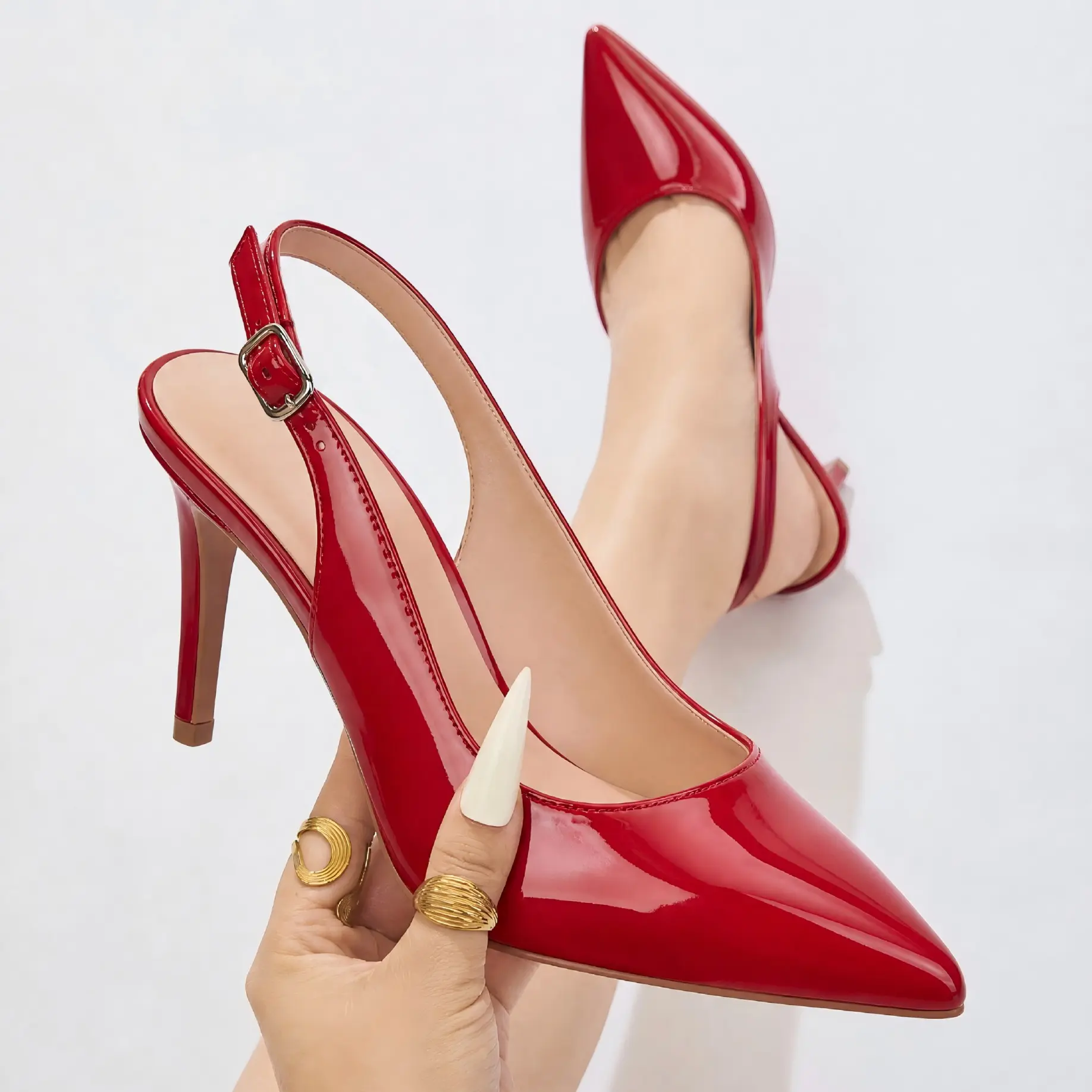 Women's Pointed Toe Slingback Stiletto Pumps, Adjustable Buckle Back Strap High Heel Dress Shoes, Closed Point Toe Elegant Ladies Heels, PU & Suede Upper, Available in White, Glossy Red and Black Suede