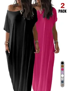 2pcs Loose Casual Plain Women's Home Dress, Lazy Comfortable Asymmetrical Shoulder Long Dress with Pockets, Slimming Fit Lazy Girl Dress