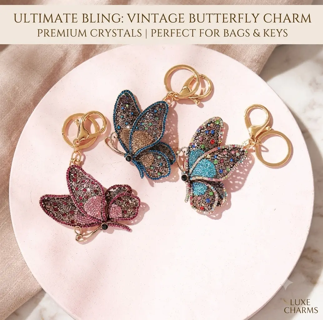 Luxury Rhinestone Butterfly Keychain Bling Crystal Car Keyring Vintage Hollow Out Butterfly Bag Charm Pendant Sparkling Backpack Accessories Cute Gift for Women Girls