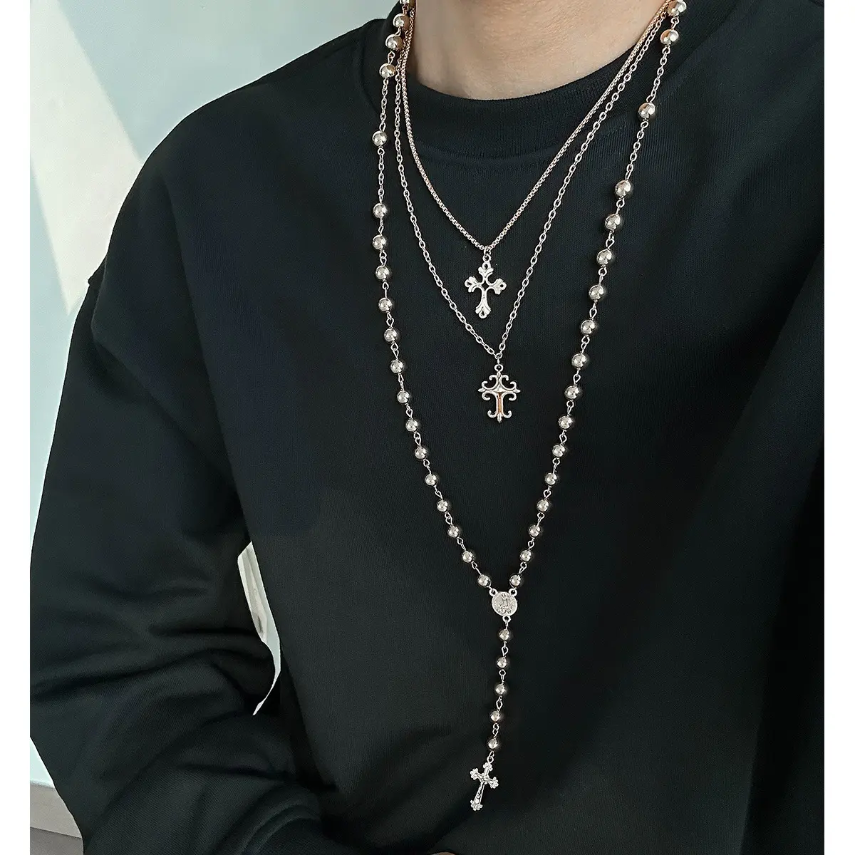 3PCS Punk Gothic Layered Cross Necklace for Women & Men, Silver Tone Alloy Multi Layer Rosary Necklace, Y2K Hip Hop Religious Stacked Necklace, Vintage Beaded Lariat Necklace for Daily Wear, Concert, Party, Halloween, Christmas Gift