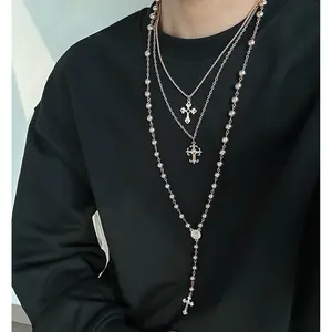 3PCS Punk Gothic Layered Cross Necklace for Women & Men, Silver Tone Alloy Multi Layer Rosary Necklace, Y2K Hip Hop Religious Stacked Necklace, Vintage Beaded Lariat Necklace for Daily Wear, Concert, Party, Halloween, Christmas Gift