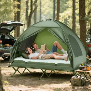 2-Person Tent Cot, 4-in-1 Elevated Camping Bed Combo with Air Mattress, Bed Cover, Foot Pump