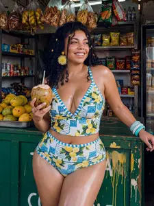 Plus Size Lemon Print Bikini Tankini - High Waist Slimming Beach Swimsuit