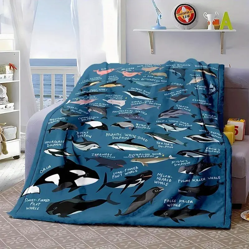 Ocean Fish Penguin Print Flannel Blanket Reversible All-Season Soft Polyester Home Office Gift Cozy Year-Round Use Unique Design summerwins