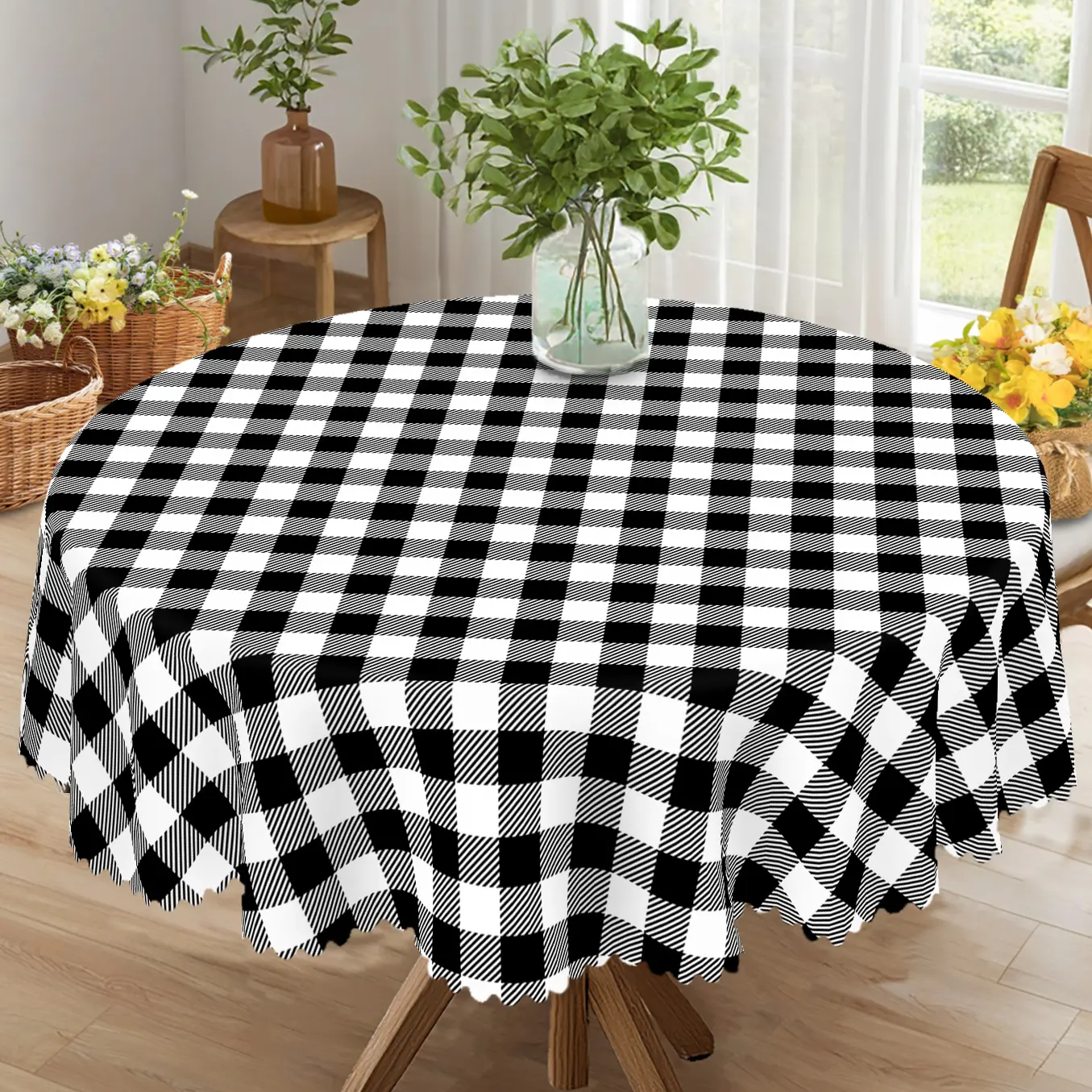 PLUMLIK Embossed Black White Buffalo Plaid Polyester Tablecloth - Multi-Size Rectangle (60x86 inches) & Round Table Cover, Machine Washable for Holiday Parties, Home Festive Decor