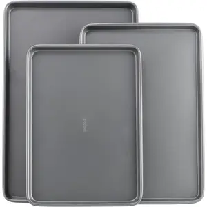 Everyday Nonstick Baking Sheet Set, 3 Pack Includes Small (13×9) Medium (15×1) and Large (17×11) Carbon Steel Construction Cookie Sheets Bakeware Set, Gray