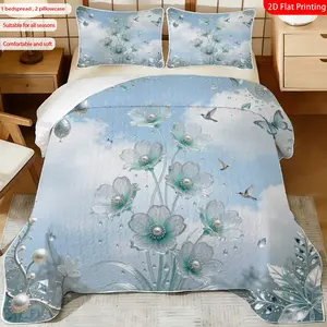 3pcs, 2D flat print Elegant Crystal Floral Bedspread Set, Blue Sky Butterfly Hummingbird Theme, multiple sizes available, bedding set, festive decorative bedding, ideal for bedroom décor(1 bedspread , 2 pillowcase)