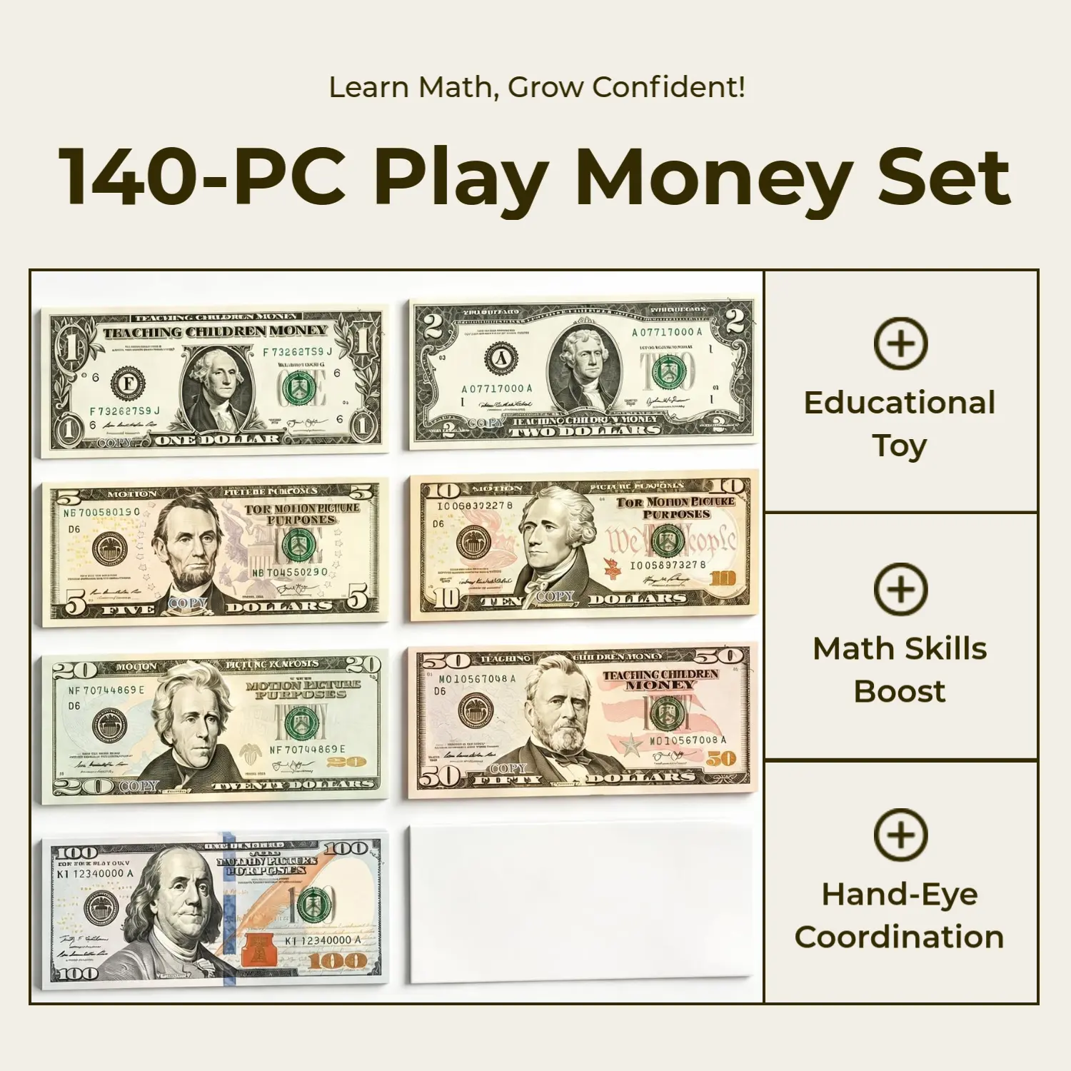 140 Pcs Play Money Kids Set for Ages 3+ Early Math Skills Development Teaching Toys Birthday Gift for Boys Girls