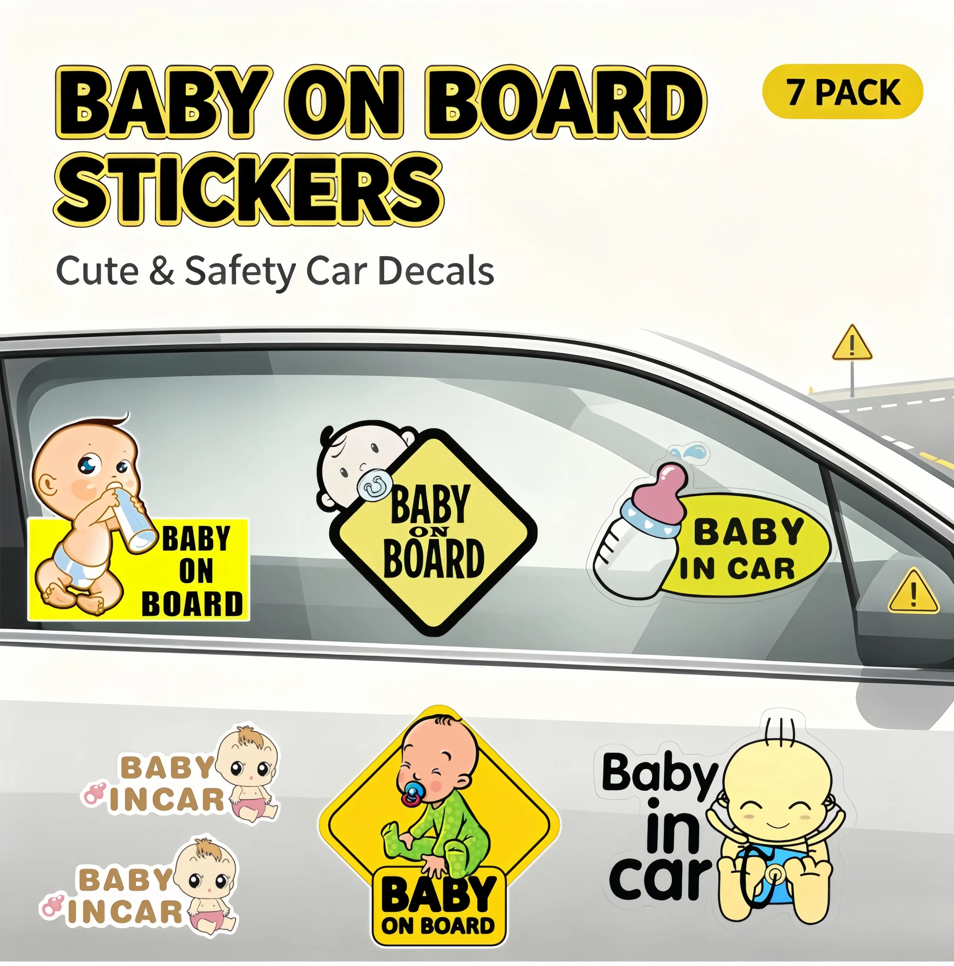 Baby On Board Safety Stickers 7 Pack, High-Intensity Reflective Waterproof Vinyl Decals, Baby In Car Universal Warning Labels, Adhesive Stickers for Car Windows, Doors, Bumper, Trucks, Girly Car Exterior Decor
