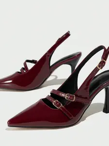 Vintage Hong Kong Style Wine Pointed High Heel Shoes, Glossy PU Leather, Three Buckle Design, Elegant and Brightening