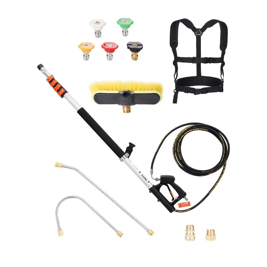 【Summerfinds】 VEVOR Pressure Washer Telescoping Wand, 18 ft, 4000 psi, Telescopic Spray Wand with Power Washer Extension Wands, Gutter Cleaner, Brush Head, 5 Spray Nozzle Tips, Adapter and Adjustable Support Belt, Pressure Washer Attachment, Power Was