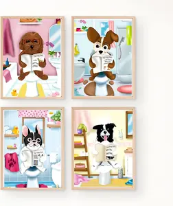 Set of 4 8 x 10 Cartoon Dogs on the Potty White Matte Art Prints for Decor Fun Whimsical Bathroom Bedroom Nursery Wall Art Unframed