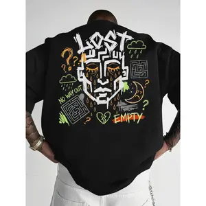 Men's Casual Pullover Short-Sleeve Top, "Lost in the Void" Short-Sleeve Tee, American Street Style Graffiti Tearful Face Print Loose Fit Streetwear Top, Unisex, Casual Crew Neck Short-Sleeve Shirt
