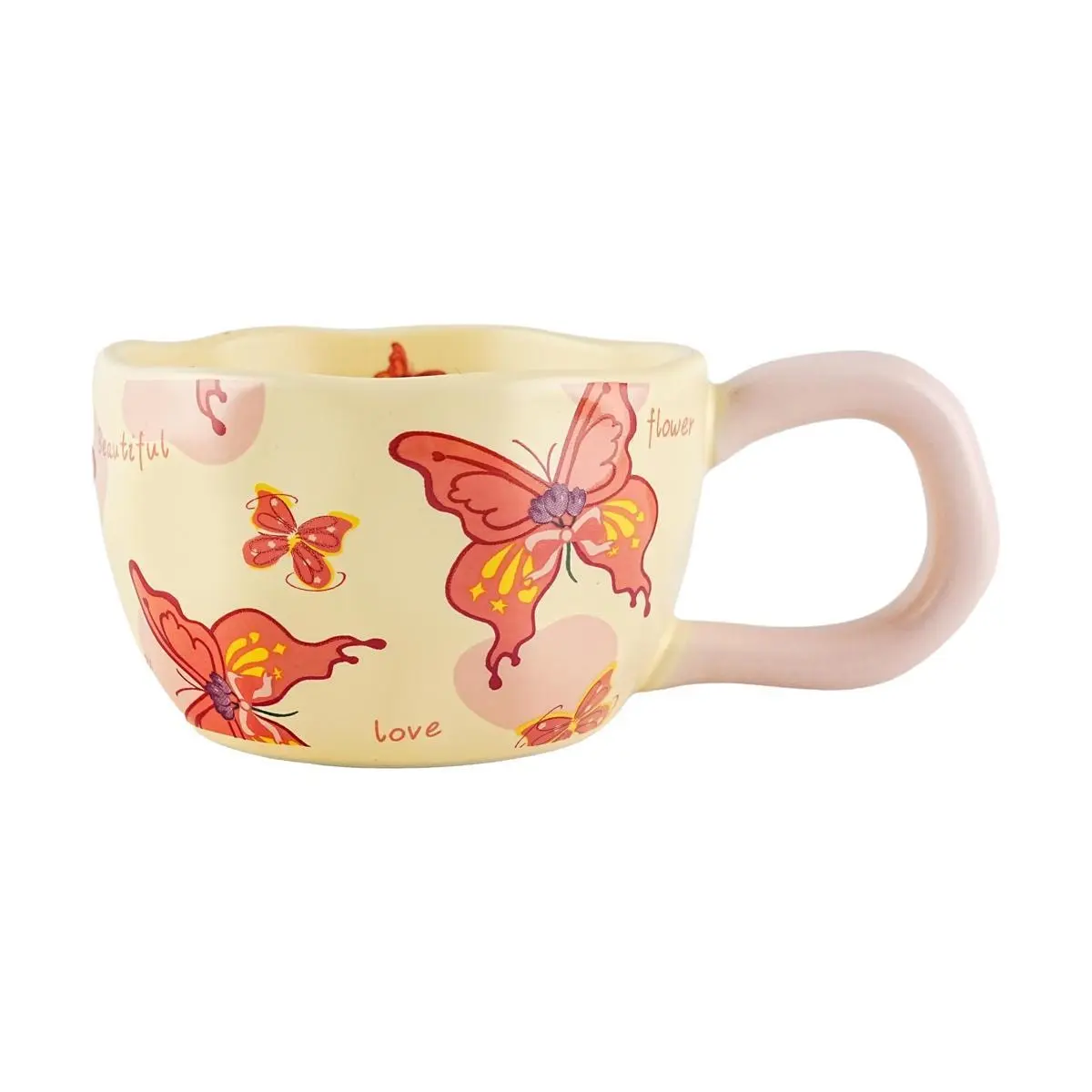Golden Lion JD Butterfly Cup - Pink, 330ml Capacity, 10x7.5cm, Ceramic Mug for Coffee & Tea