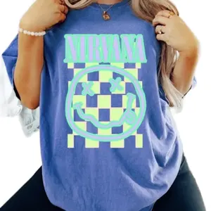 Blue Nirvana Smiley graphic tee on Comfort Colors Oversized Womenswear Top Comfortable