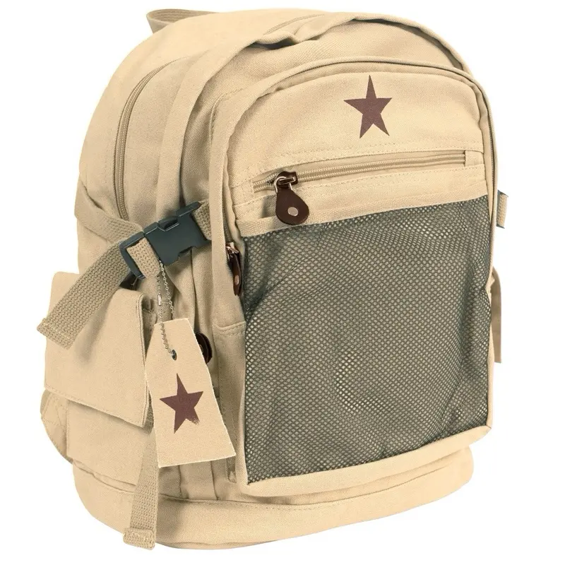 ROTHCO Vintage Canvas Star Graphic Backpack, Khaki Stonewashed Cotton Casual Travel Backpack with Adjustable Straps & Multiple Compartments 9165, Star Graphic Backpacks