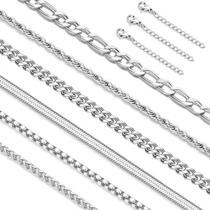 LOLIAS Silver Chain Necklace for Men Women - 6Pcs Stainless Steel Cuban Link/Rope/Box/Figaro/Herringbone/Wheat Chain Layered Stacked Necklace Set 16/18/20/22/24 Inches