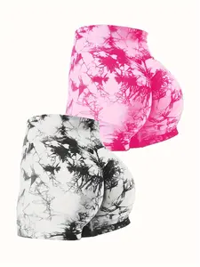 2pcs Tie Dye High Waist Yoga Sports Shorts, High Stretch Slim Fit Fitness Workout Shorts, Women's Activewear