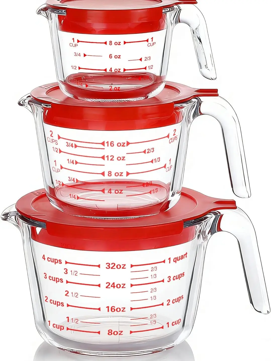 M MCIRCO 6 Pcs Glass Measuring Cups with Lids Set, 1-Cup, 2-Cup, 4-Cup Measuring Jugs with Handle, Nesting Liquid Measuring Cups for Kitchen