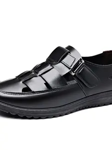Men's Hollow Out Sandals, Summer New Arrival, Size 38-44, Velcro Soft Sole Anti-Slip Dad Shoes, Breathable Casual Leather Shoes