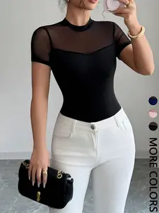 Women's Mesh Patchwork Stand Collar Top, Cool Elegance Half High Neck Transparent Short Sleeve Fitted Shirt, Stylish Summer Wear Blouse