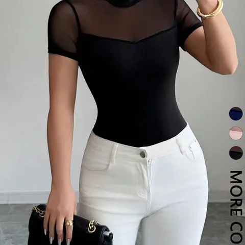 Women's Mesh Patchwork Stand Collar Top, Cool Chic Elegance Half High Neck Transparent Short Sleeve Fitted Slim Basic Shirt, Stylish Summer Wear Blouse, Bodycon Fitted Top, Body Hugging Tops, Elegant