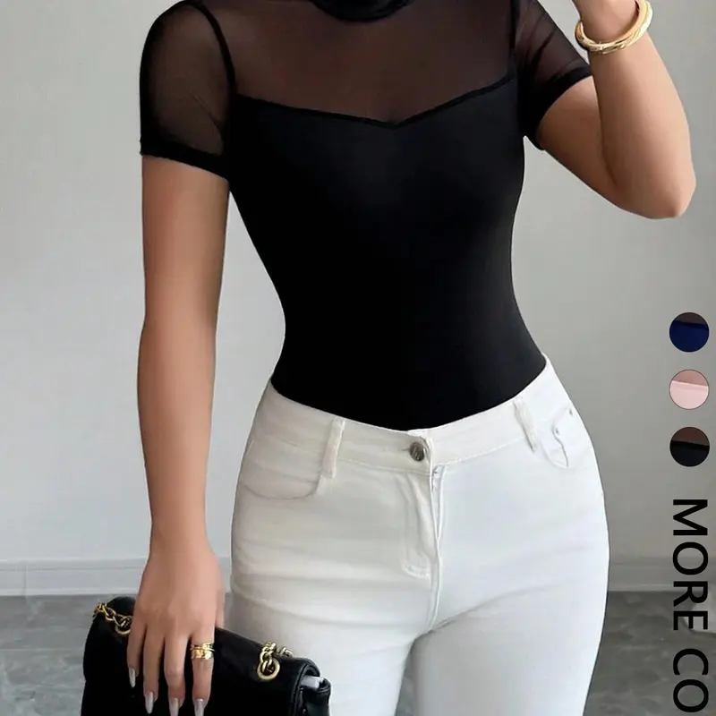Women's Mesh Patchwork Stand Collar Top, Cool Chic Elegance Half High Neck Transparent Short Sleeve Fitted Slim Basic Shirt, Stylish Summer Wear Blouse, Bodycon Fitted Top, Body Hugging Tops, Elegant