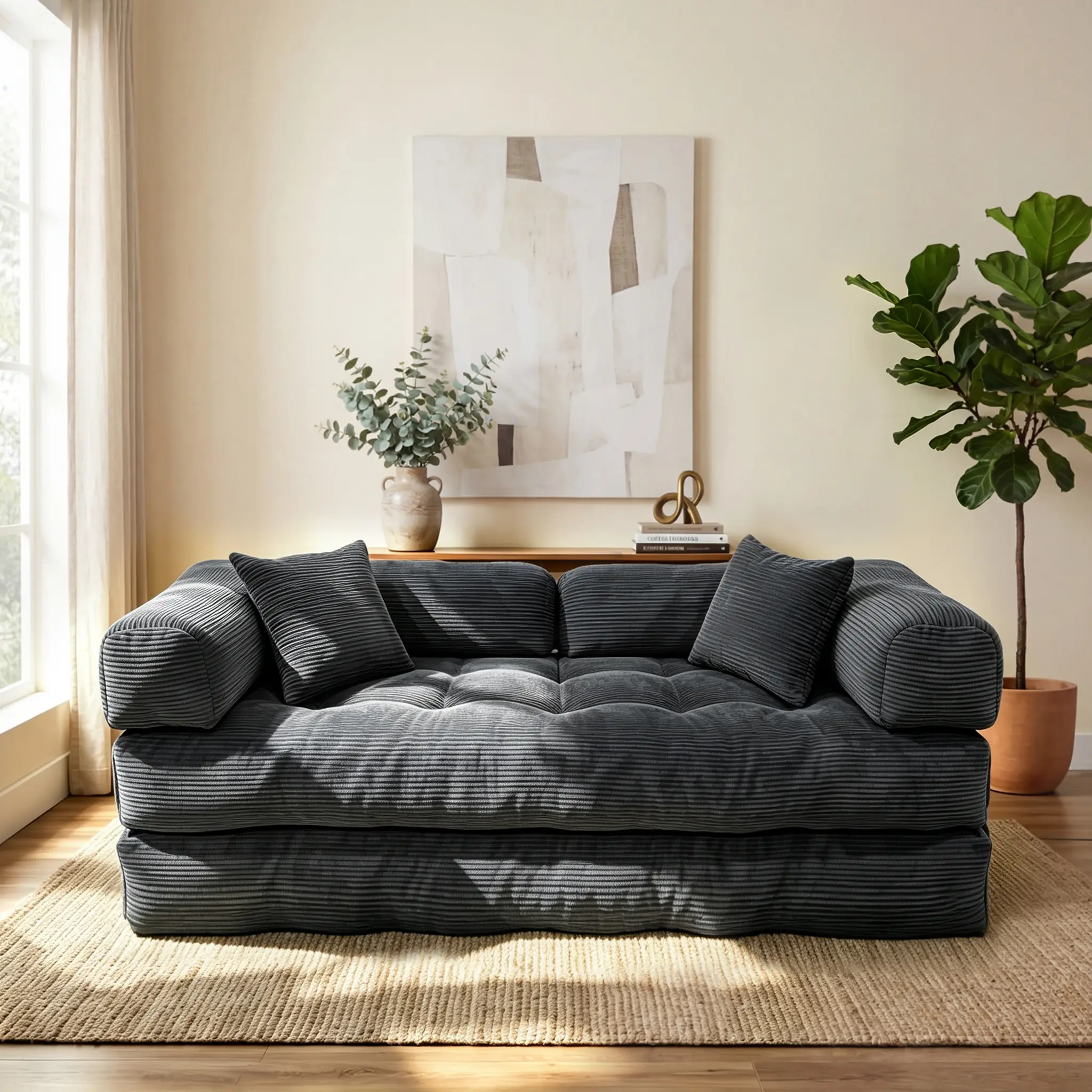 2-Seater Vintage Suede Foldable Futon Sofa Bed - Sturdy Modular Compressible Set with Square Armrests, Modern Sofas Set, Comfortable Lounge Furniture for Apartment & Studio Bedroom