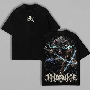 Vintage Inosuke Demon Slayer T-Shirt - Beast Breathing Retro Anime Bootleg Tee - Acid Wash Oversized Graphic Shirt - Heavyweight Cotton Streetwear