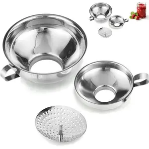 Canning Funnel with Strainer Wide Mouth Funnels for Filling Mason Jars Food Grade Stainless Steel Kitchen Supplies 3 Pack Small & Large