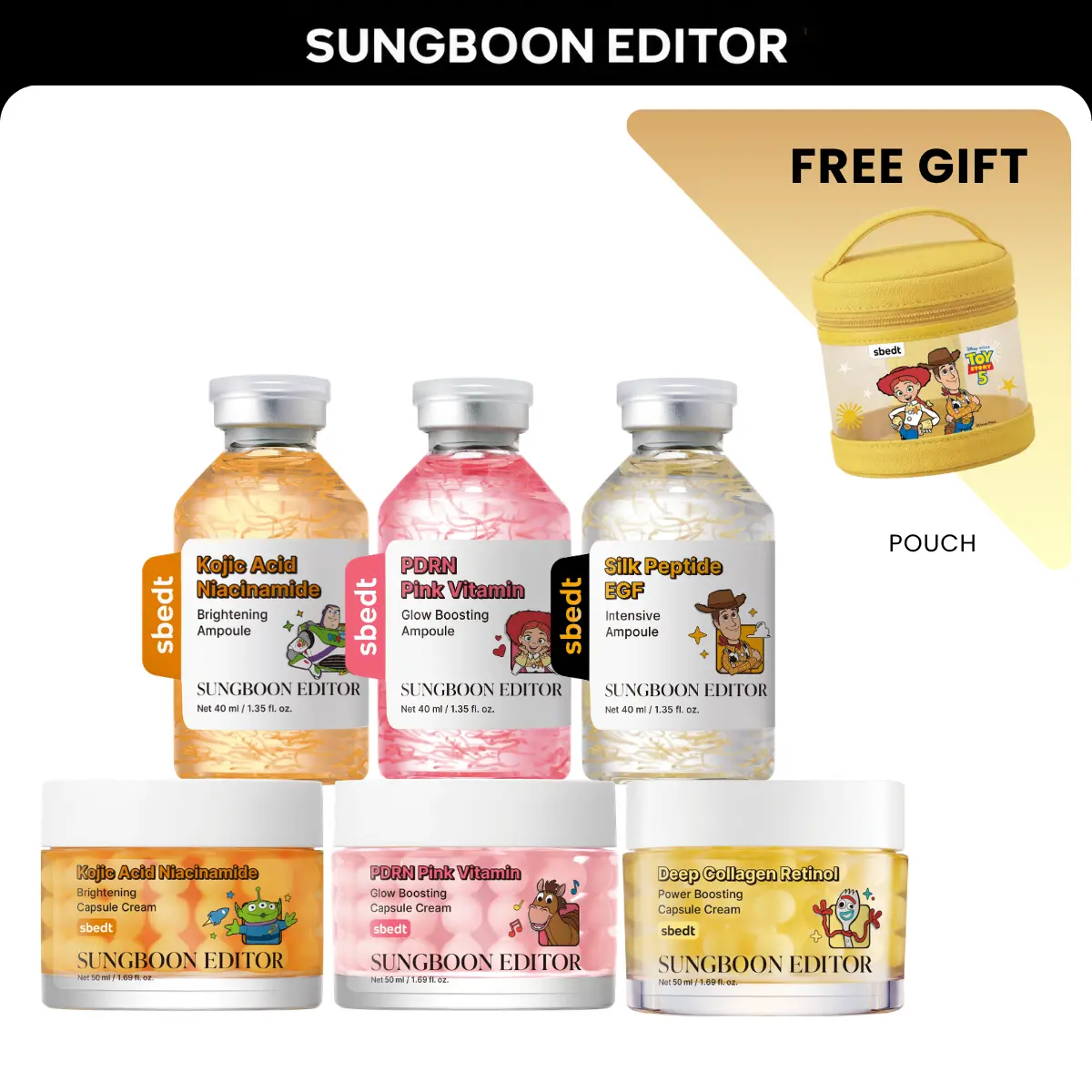 [Toy Story X Sbedt] Full Set | PDRN Pink Vitamin Ampoule + Capsule Cream, Kojic Acid Niacinamide Ampoule + Capsule Cream, Silk Peptide EGF Ampoule + Deep Collagen Retinol Cream