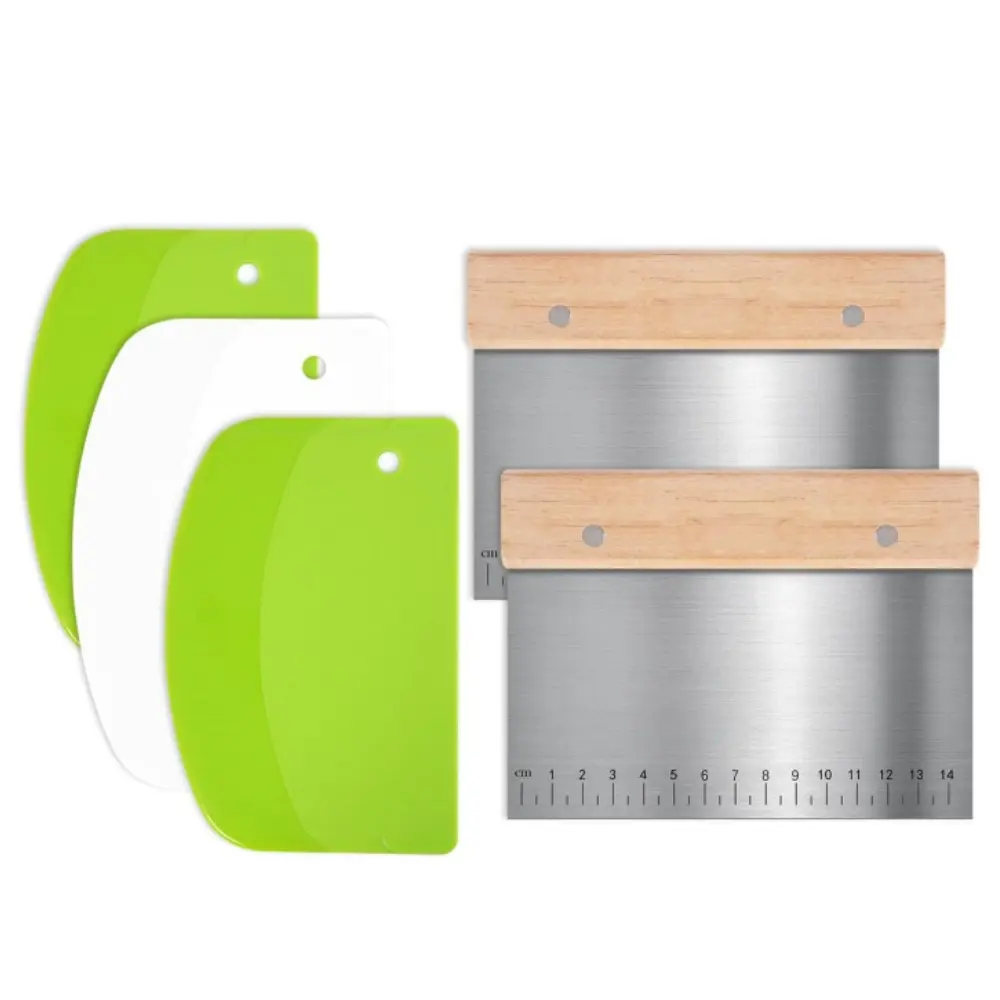 Pack of 5 Kitchen Bench Scraper Tools Including 2pcs Stainless Steel Dough Scraper with Wood Handle and 3pcs PP Food Scraper with Hanging Hole, Multipurpose Bread Dough Cutter for Baking