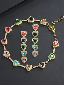 2 Piece Set 10mm Colorful Zircon Heart Jewelry, Bracelet and Earrings, Hip Hop Gift, Elegant Accessory, Perfect for Mom and Girlfriend