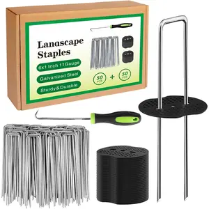 Landscape Staples Set,6 Inch 11 Gauge 50 count Galvanized Garden Stakes + 50 count Gaskets + 1Pick Hook,U-Shaped Tent Stakes Landscaping Fabric SOD Pins for Weed Fabric Barrier,Groud Cover,Fence